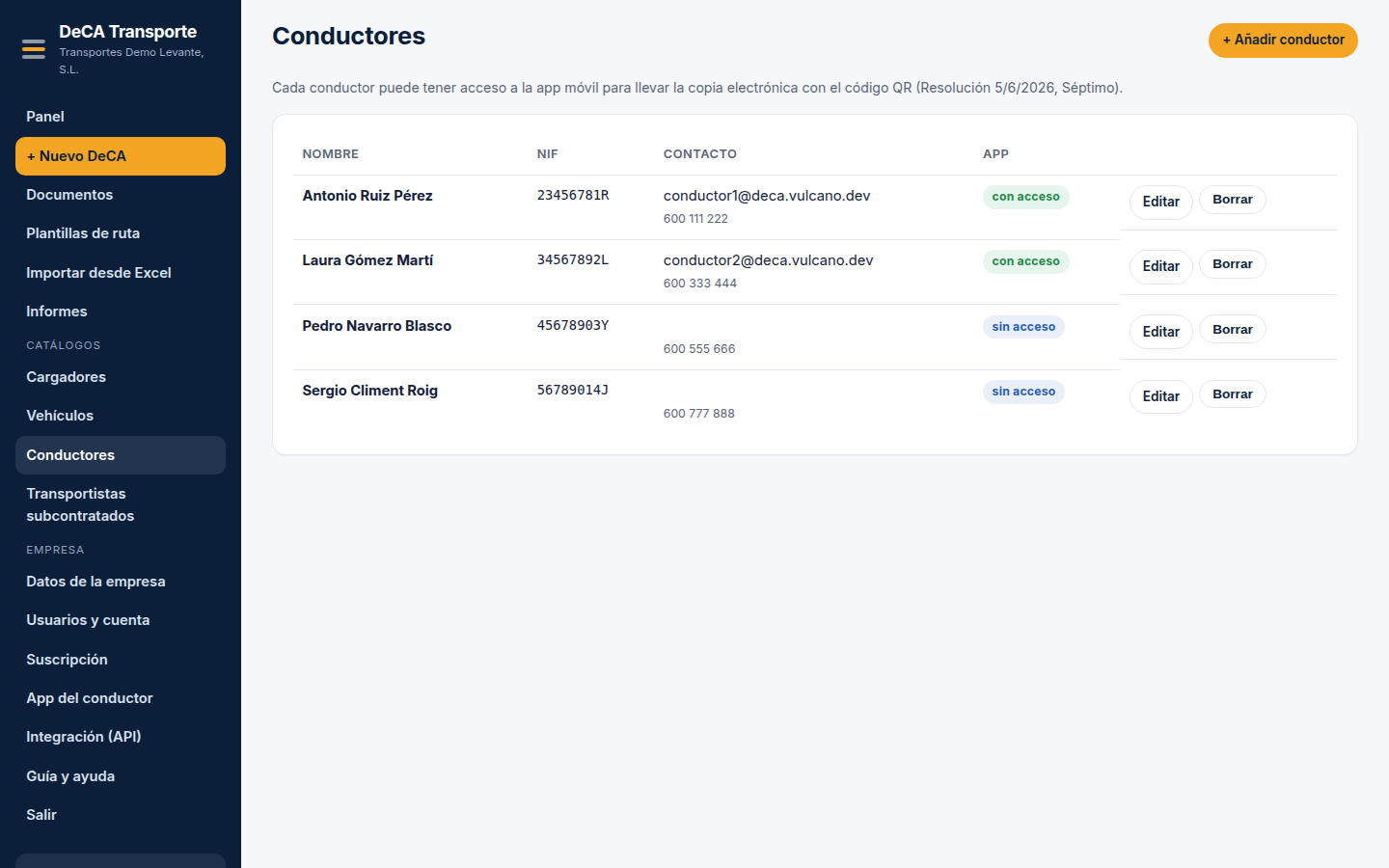 Catálogo de conductores, con acceso a la app móvil.