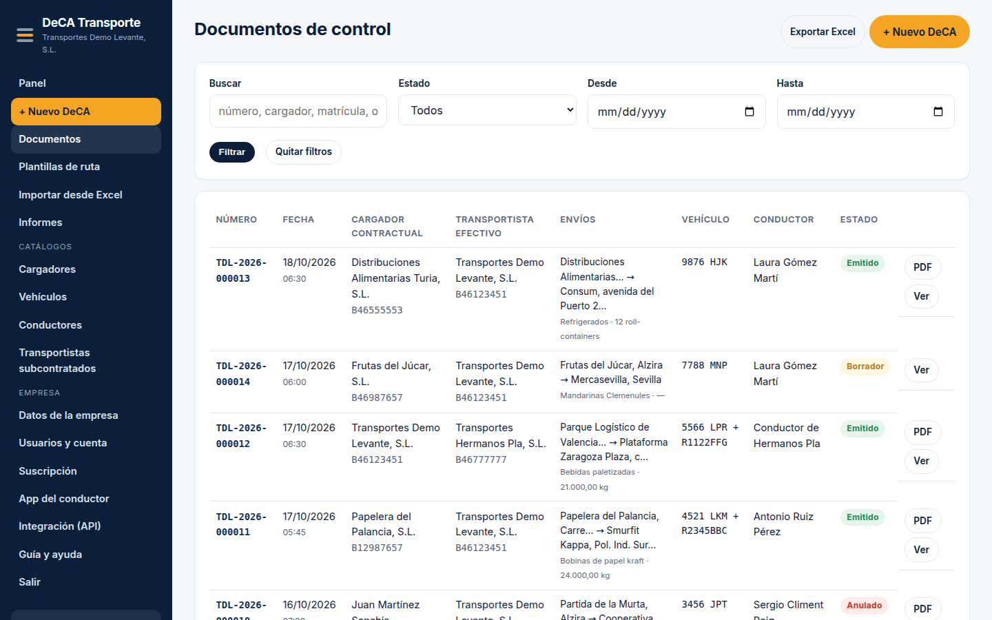 La lista de documentos con filtros y exportación.