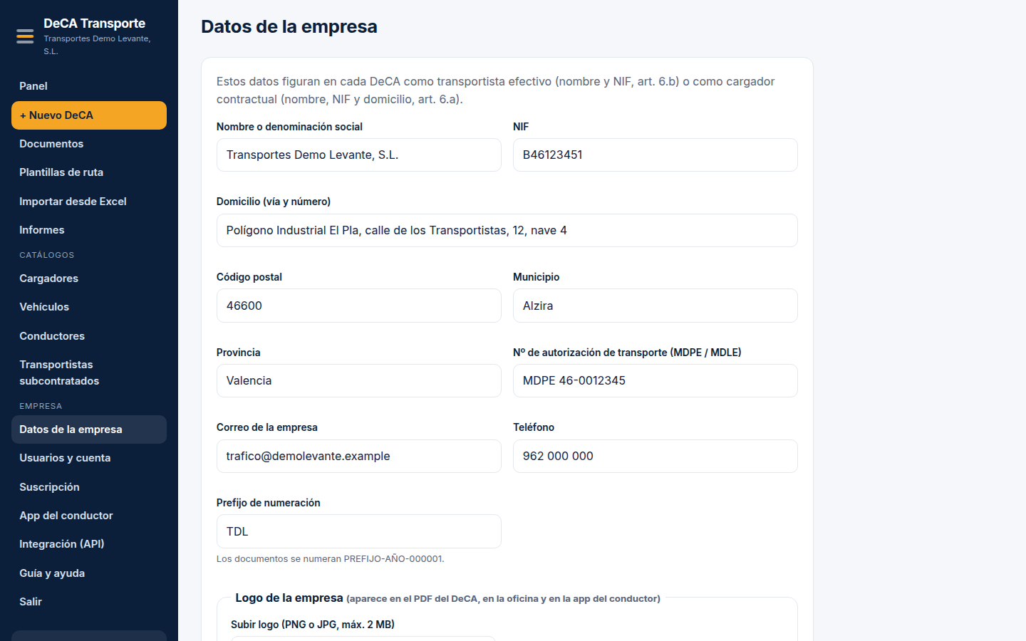 Datos de la empresa: son los que figuran en cada DeCA.