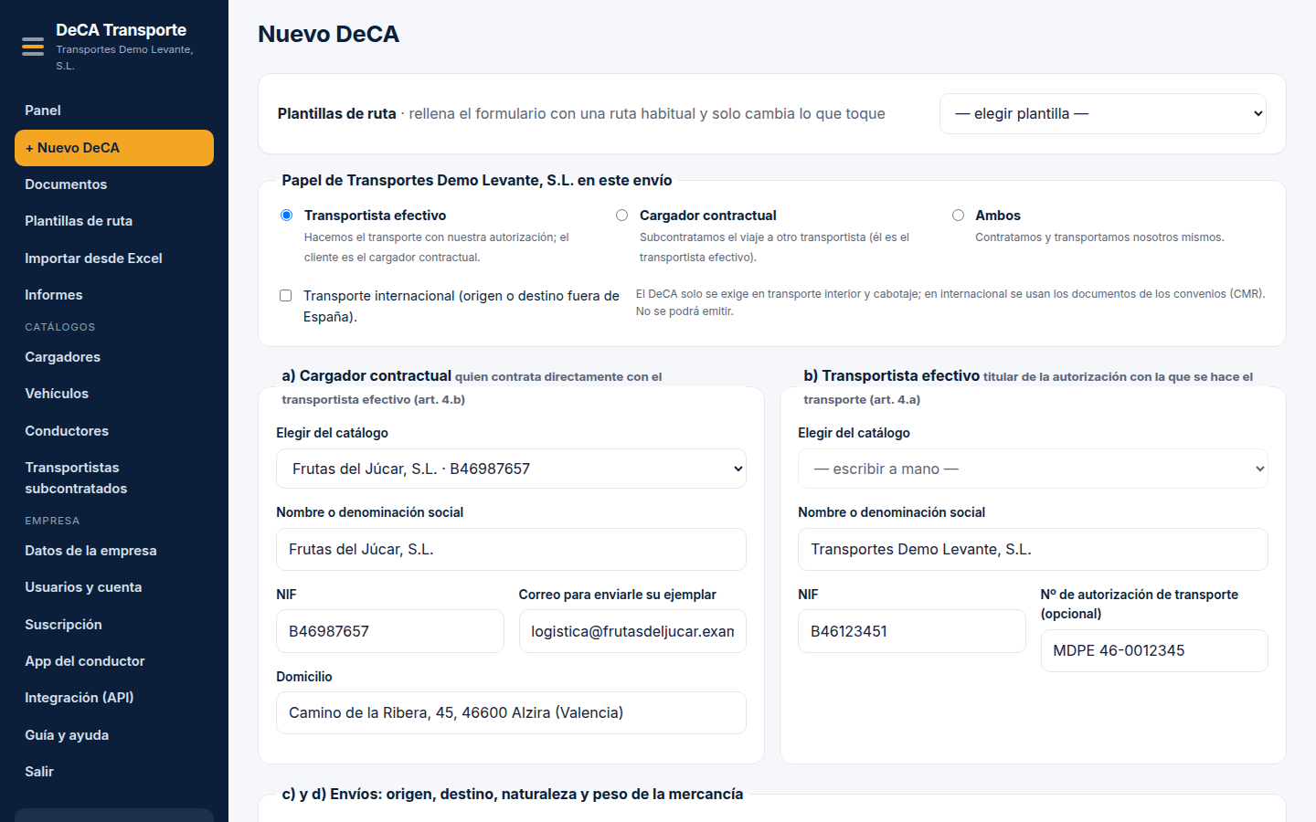 El formulario del DeCA: papel de tu empresa, cargador contractual y transportista efectivo.