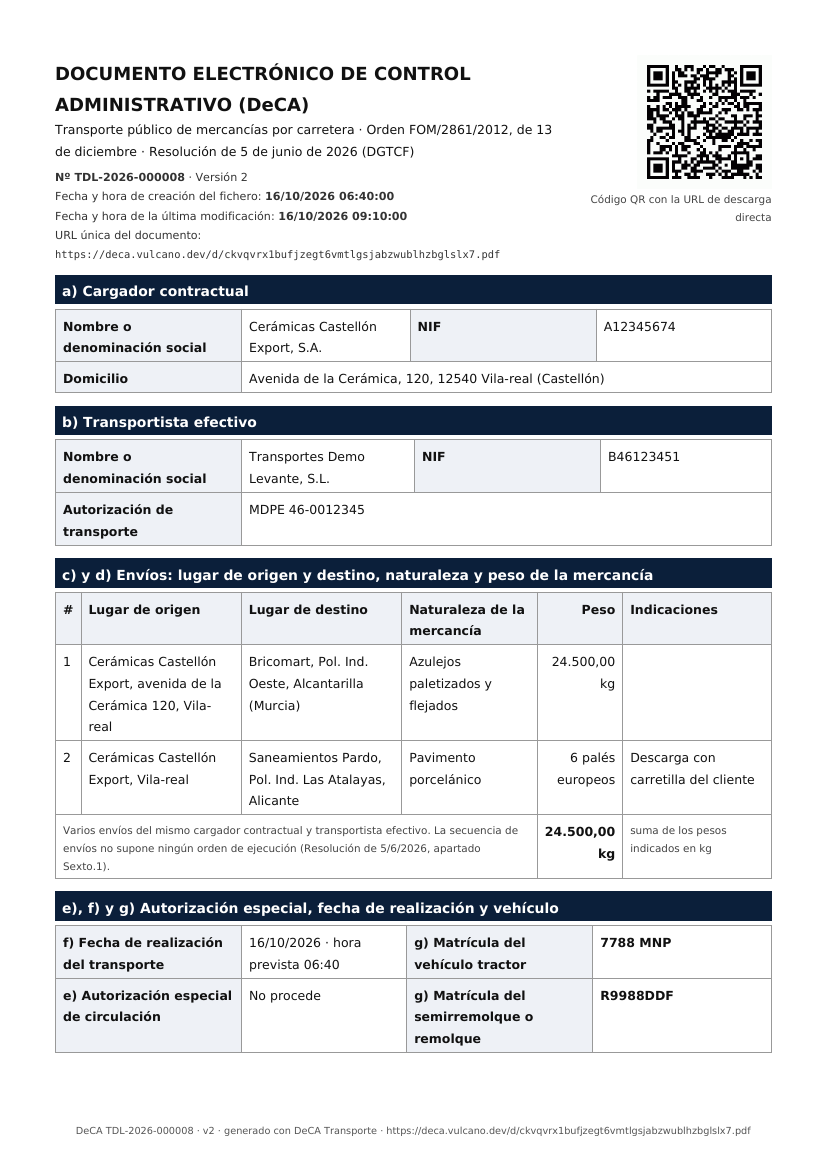 Un DeCA: cabecera con número, fechas y QR; cargador contractual; transportista efectivo; envíos; fecha y matrículas; observaciones.
