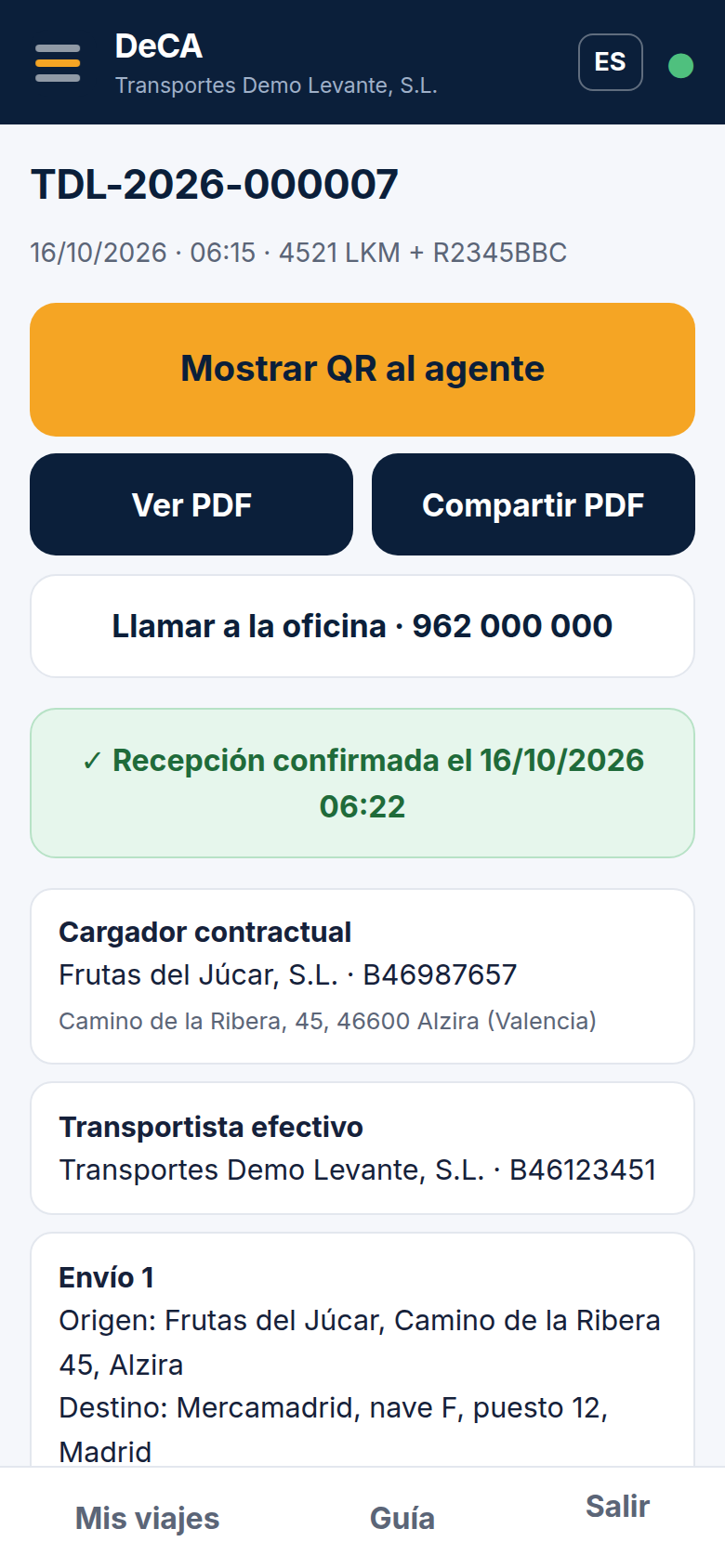 La ficha de un viaje: cargador, transportista, envíos y los dos botones que vas a usar.
