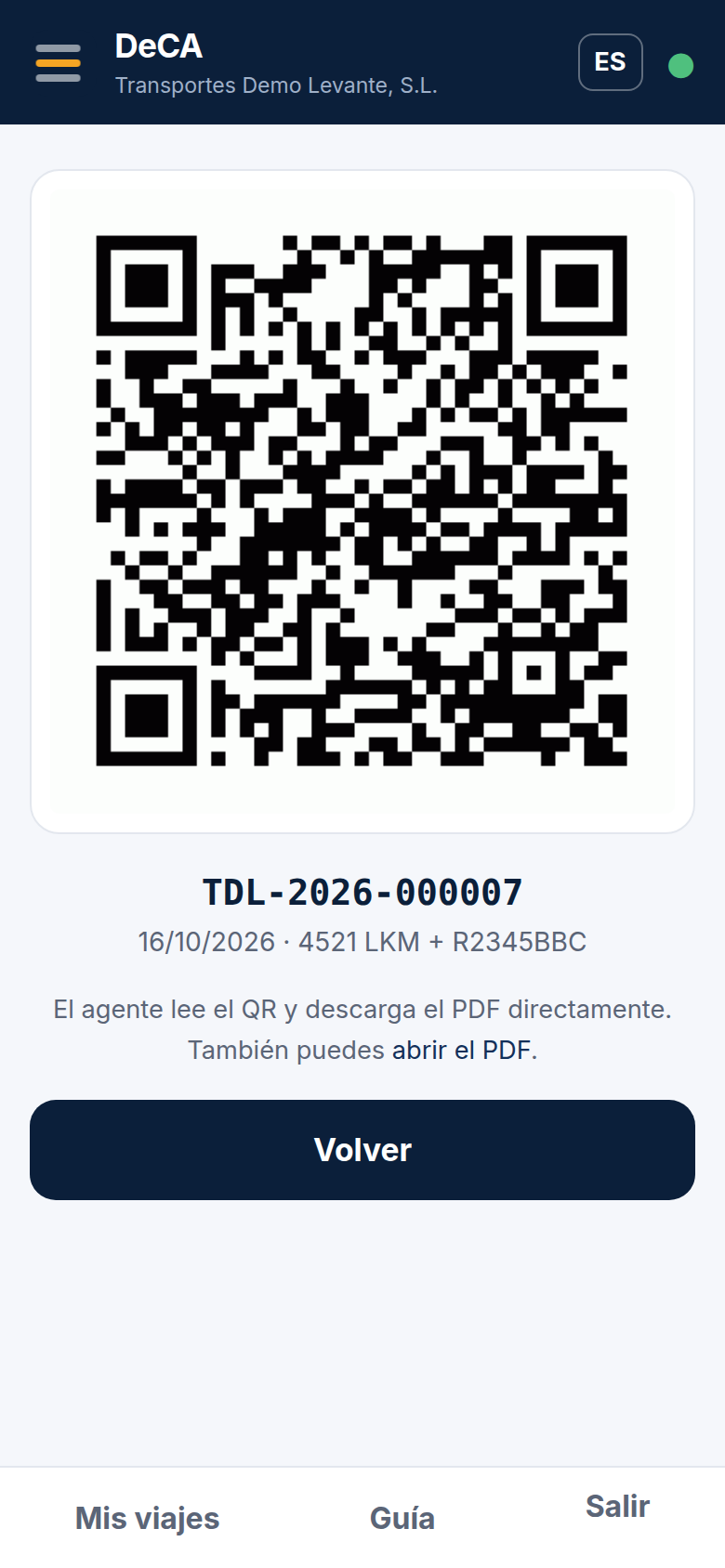 El código QR a pantalla completa. El agente lo escanea con su dispositivo.